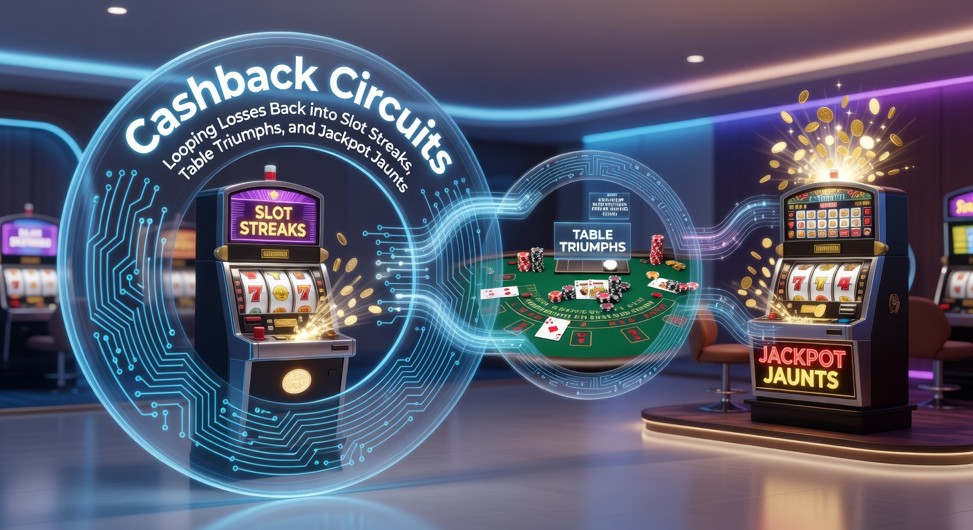 Dynamic graphic showing a looping arrow from casino losses back into slot machines, tables, and jackpot displays, illustrating the cashback cycle in action