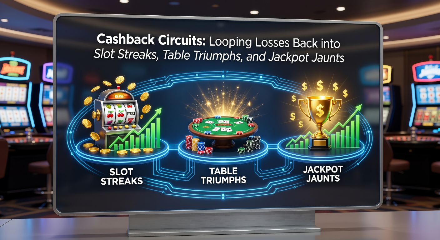 Chart depicting cashback flow from slots to table games and jackpots, with arrows showing increased player engagement and session length metrics