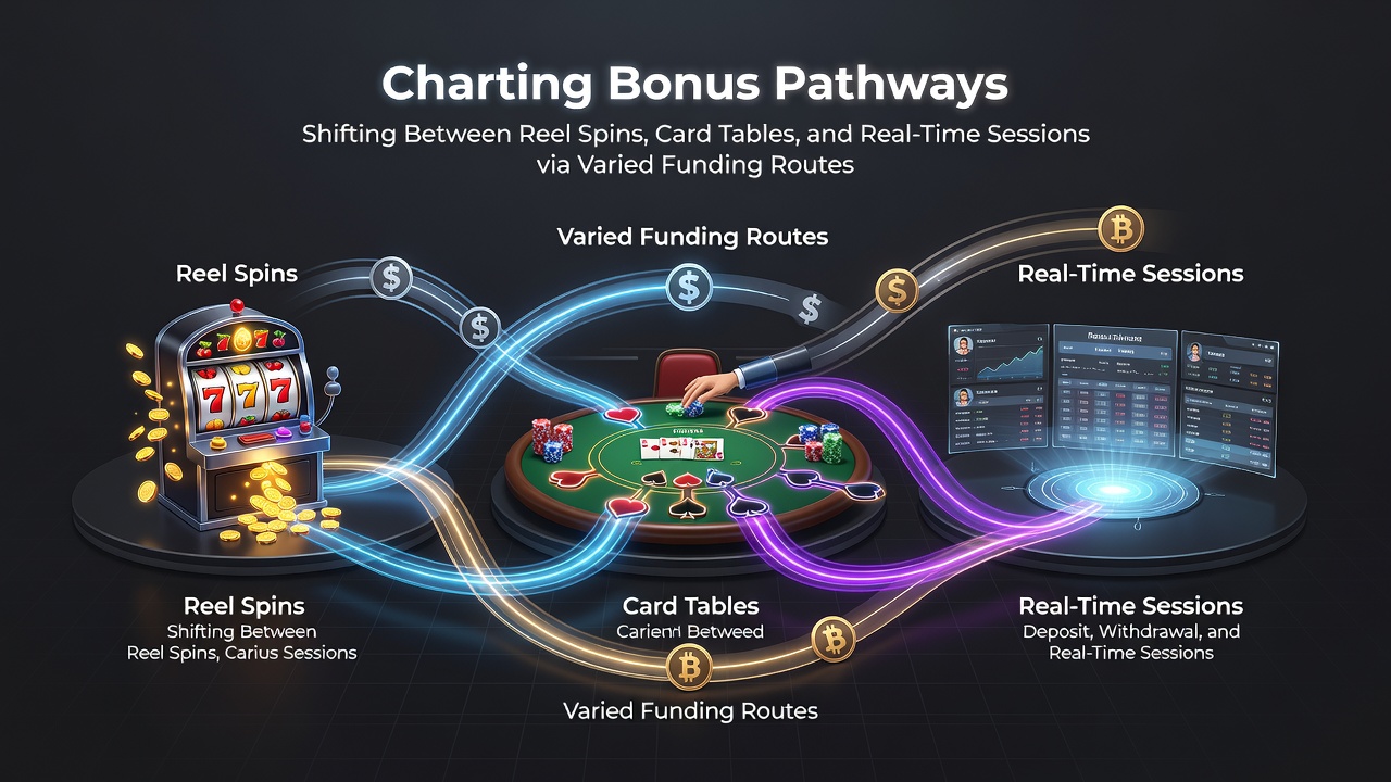 Diagram showing bonus pathways connecting slot reels, card tables, and live dealer sessions via various payment methods