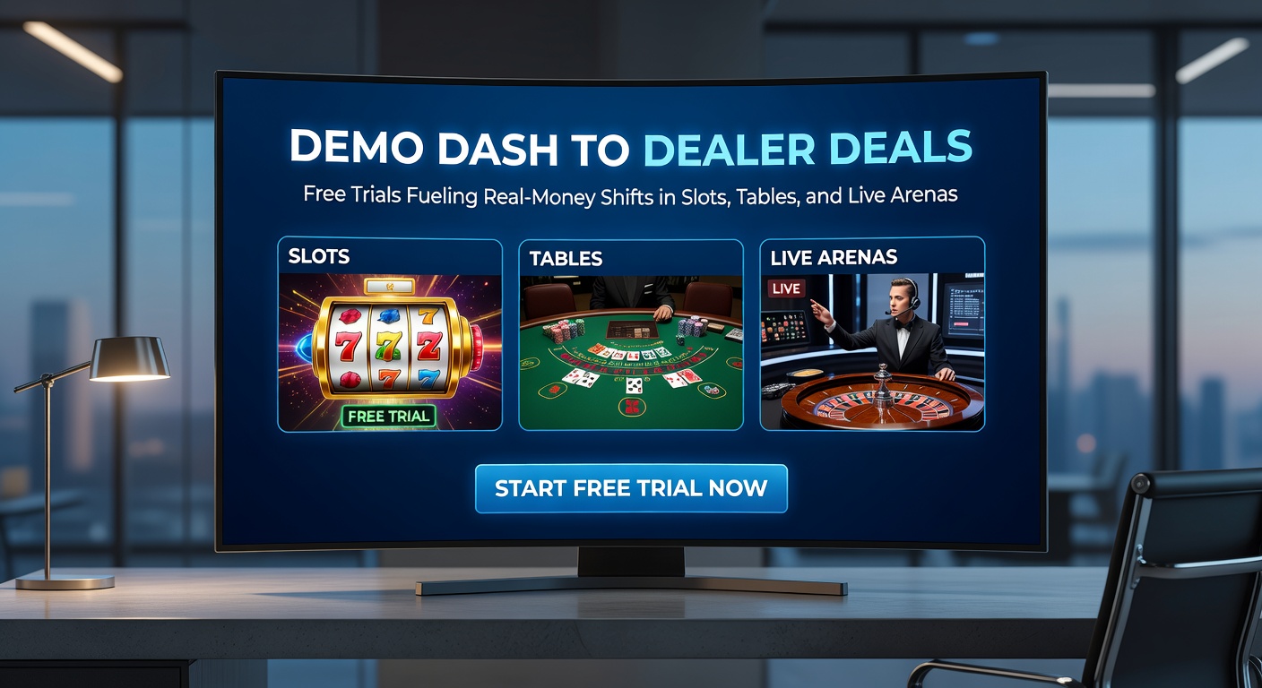 Vibrant screenshot of a demo slot machine interface seamlessly transitioning to a real-money betting screen, highlighting free trial spins leading to deposit prompts
