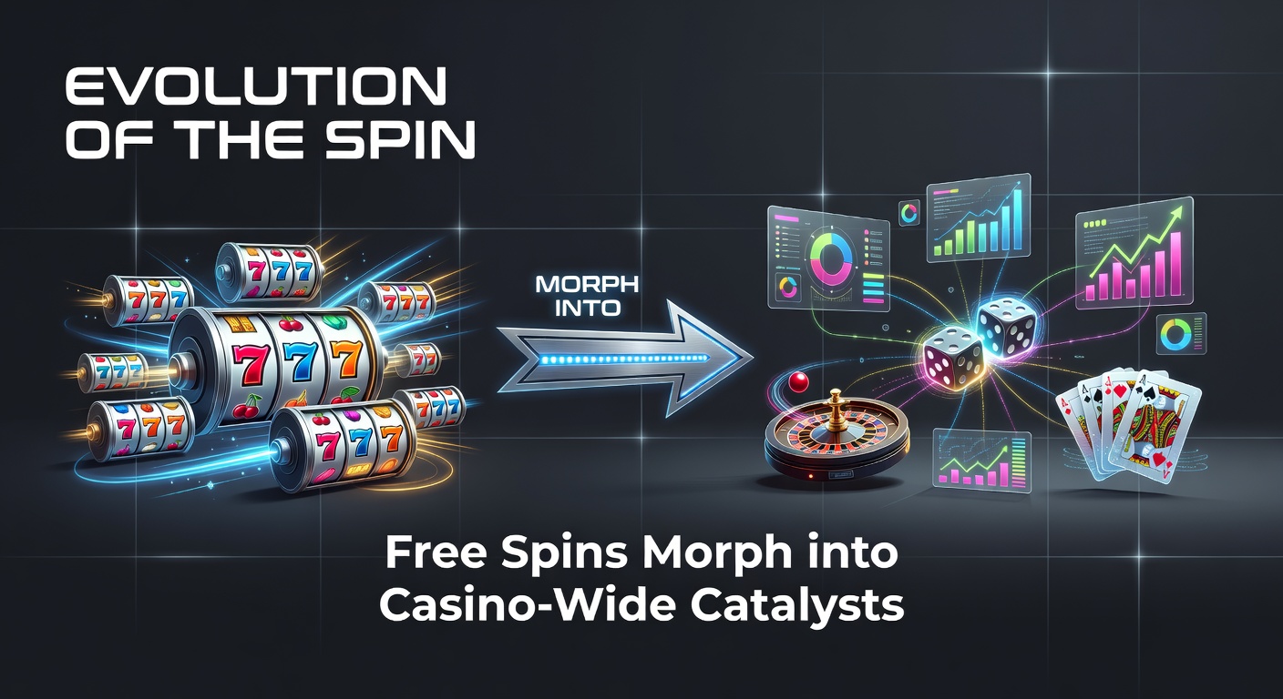 Vibrant slot machine reels spinning with free spin symbols exploding into broader casino game icons like roulette wheels and blackjack tables, symbolizing the shift from isolated bonuses to integrated experiences