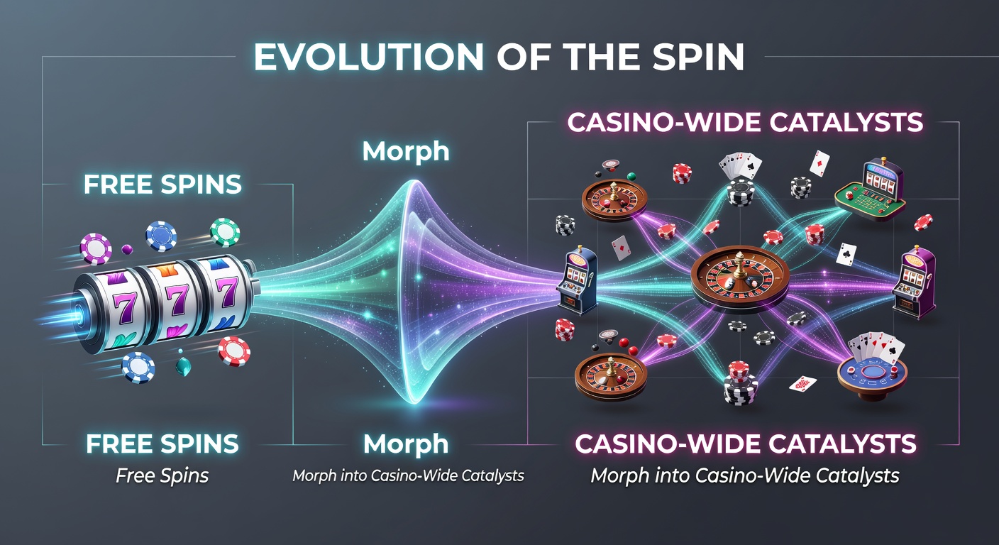 Dynamic graphic of a free spin icon expanding like a web across casino elements including live dealer cams, jackpot meters ticking up, and slot reels chaining together, illustrating interconnected bonus ecosystems