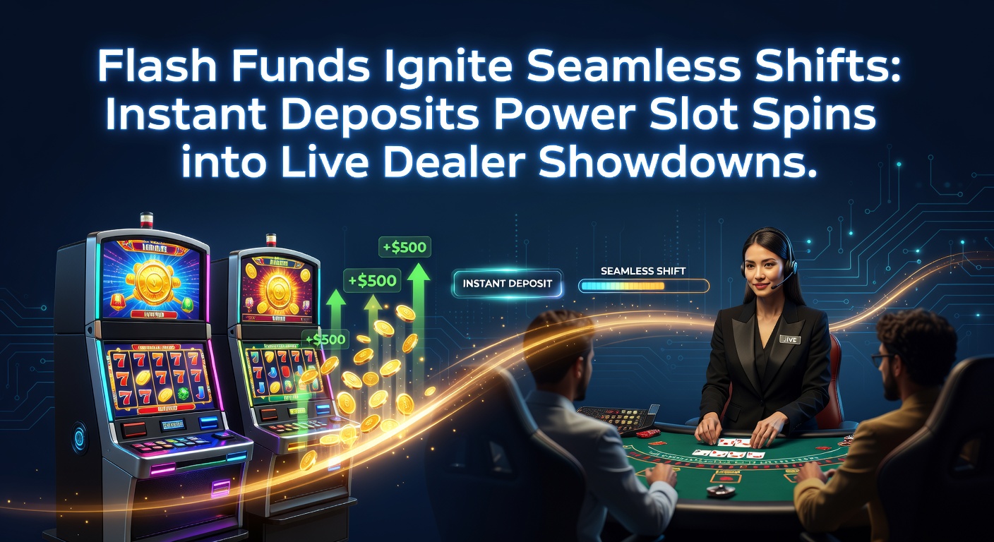 Dynamic graphic showing a flash of light representing instant deposits fueling a seamless shift from colorful slot reels spinning wildly to an elegant live dealer table in action