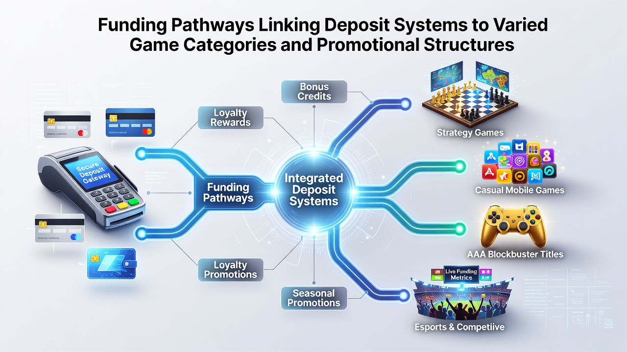 Illustration of deposit systems linking to various casino game categories and promotional structures