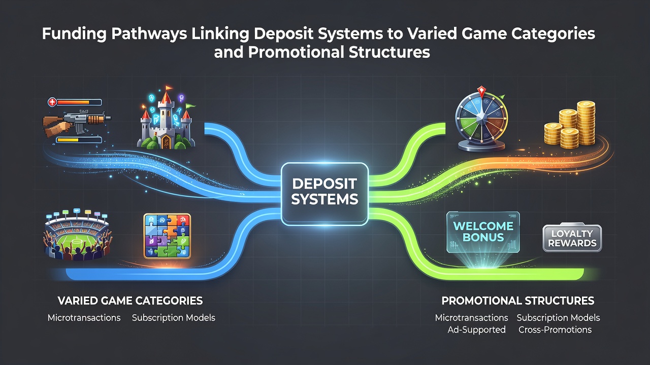 Diagram showing connections between funding methods, game categories, and promotional structures