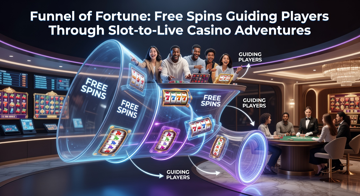 Dynamic infographic illustrating player flow from free slot spins through bonus escalations to live dealer games, with stats on conversion rates and session extensions
