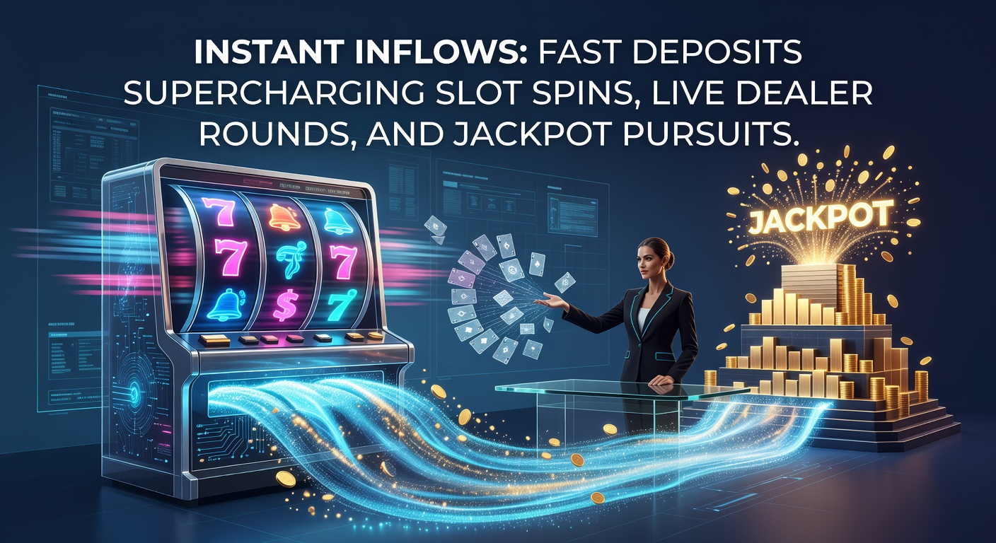 Vibrant casino floor with players at slot machines and live dealer tables, highlighting fast-paced action fueled by quick deposits