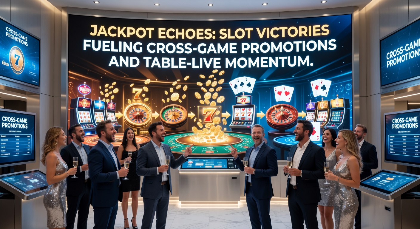 Dynamic casino floor scene showing slot jackpot celebration transitioning to crowded table games and live dealer screens with promotional overlays