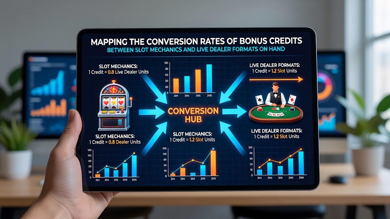 Close-up view of a tablet screen showing bonus balance conversion between slot and live dealer sections
