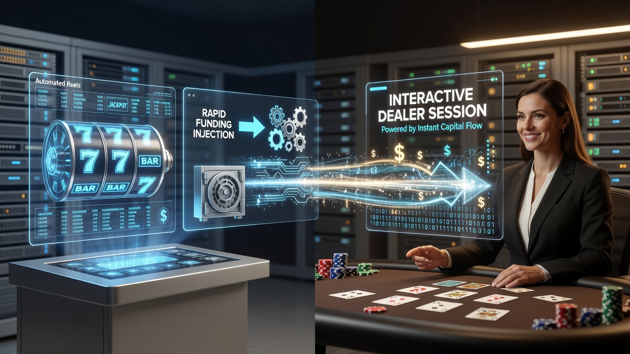 Diagram showing rapid funding flow from automated reel interfaces to interactive dealer platforms