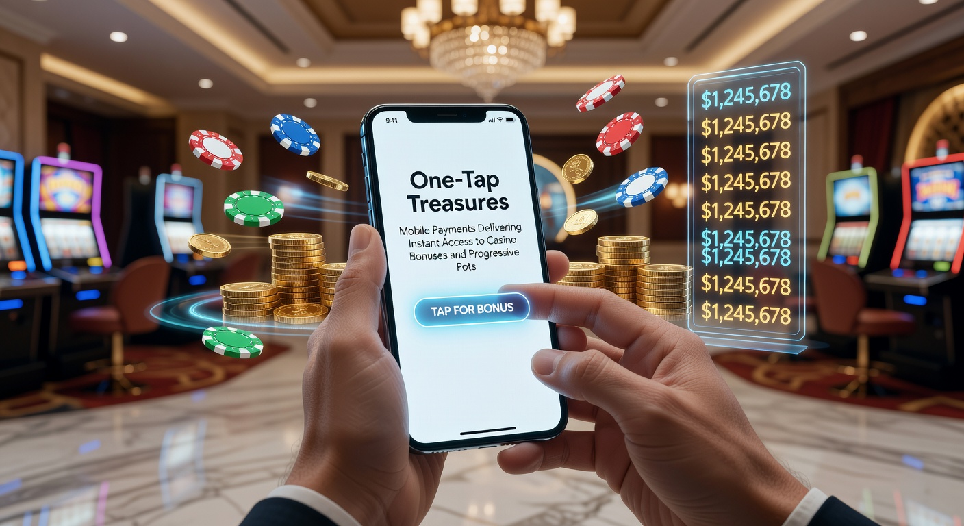 Close-up of a mobile casino app interface displaying a glowing progressive jackpot ticker, one-tap deposit button, and bonus icons exploding with coins