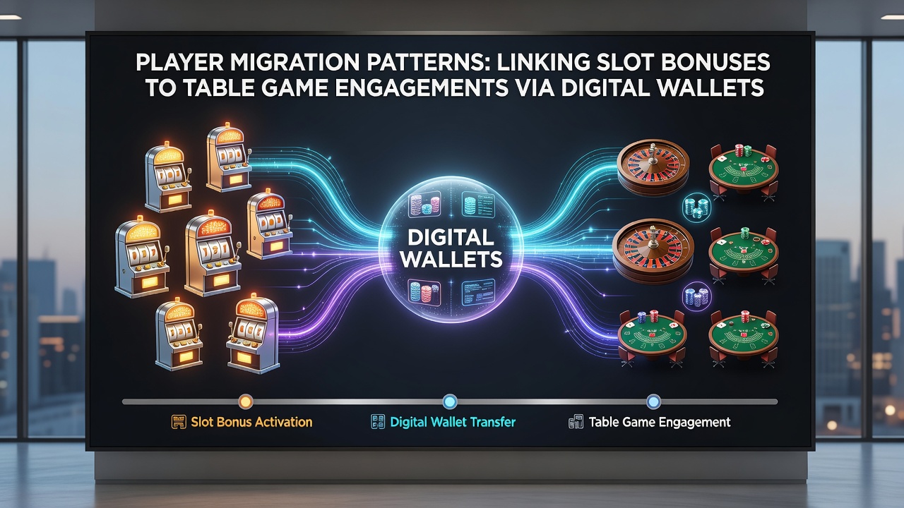 Casino dashboard displaying player activity flow from slots through digital wallet to table games