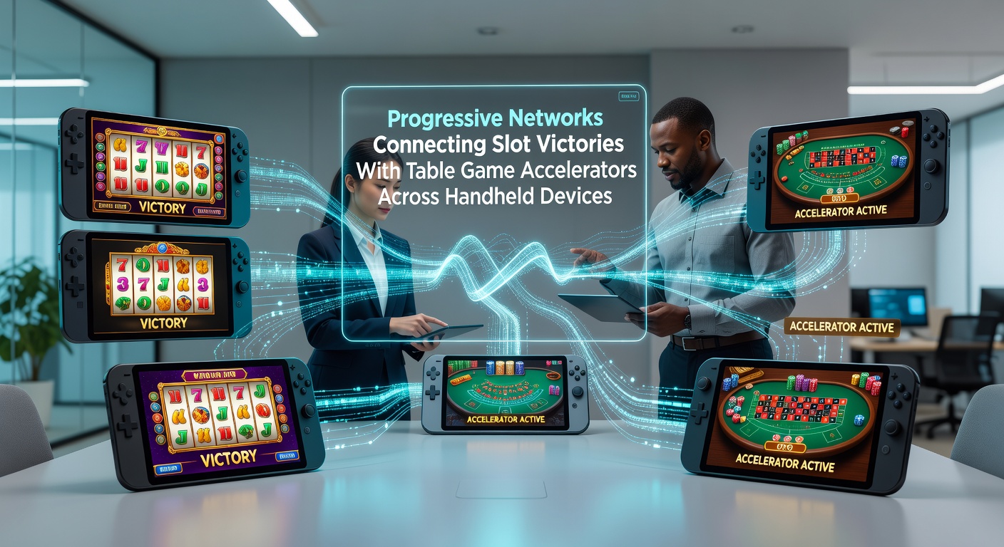 Diagram showing data flow from slot wins to table game accelerators via mobile progressive networks