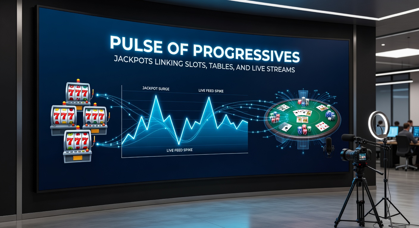 Vibrant display of interconnected casino games showing progressive jackpot meters rising across slots, blackjack tables, and live roulette streams