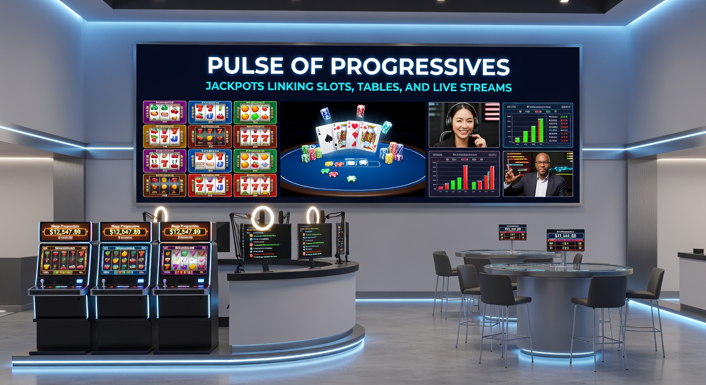 Dynamic casino floor split-screen: slot machines, bustling table games, and live stream monitors all synced to a soaring progressive jackpot counter