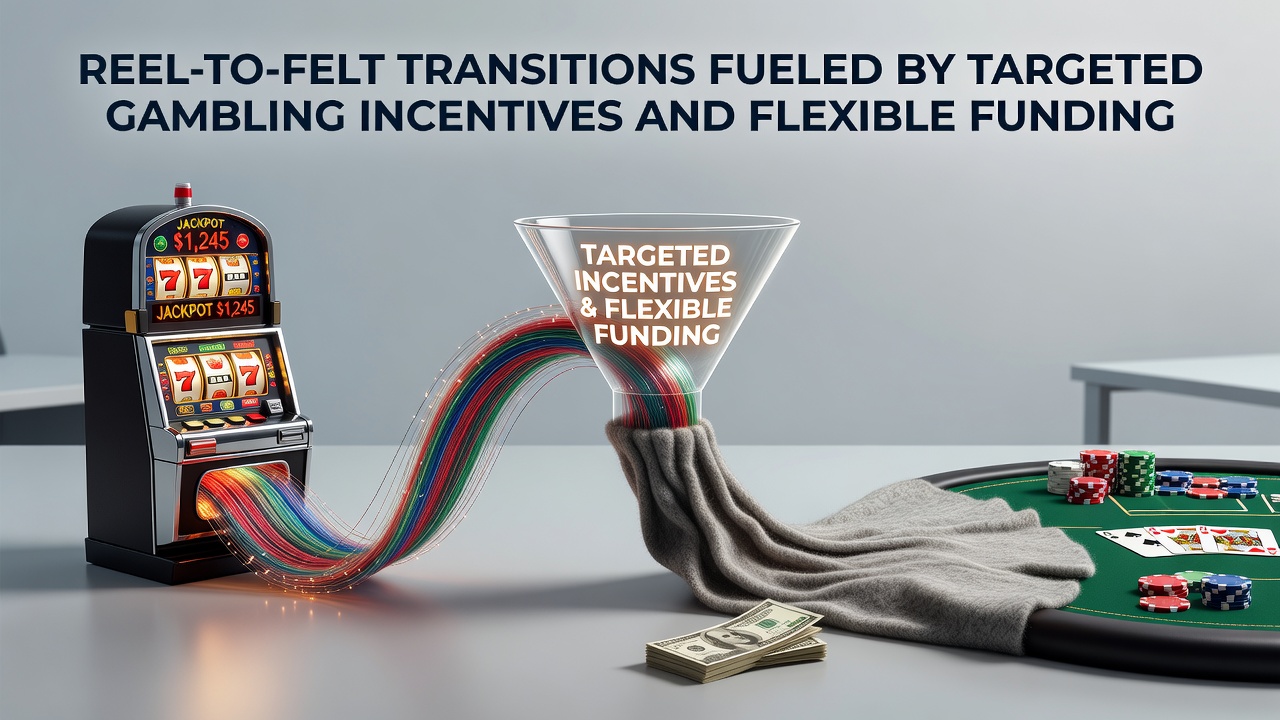 Players shifting from digital slot reels to live table felt surfaces in a modern casino setting