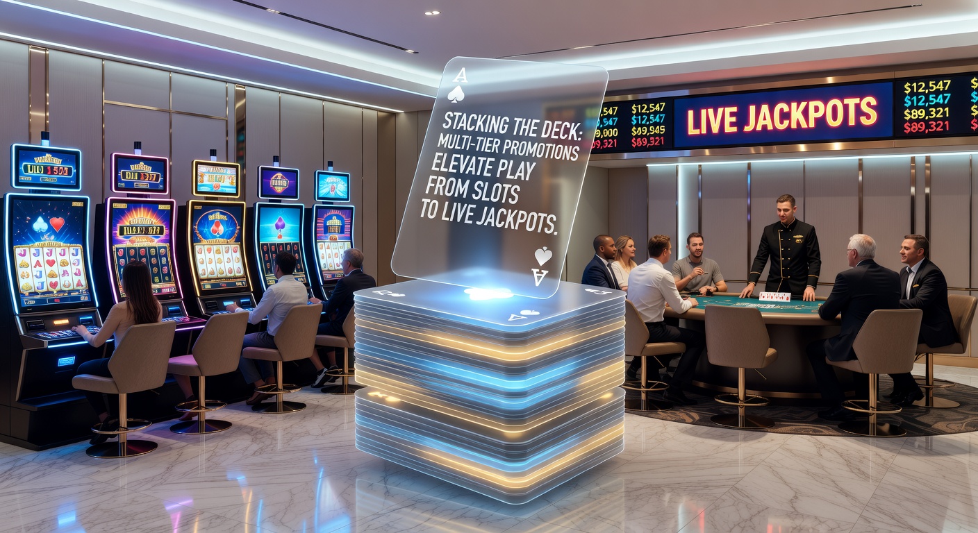 Dynamic graphic of a multi-tier promotion ladder, with slots at the base leading up to glowing live jackpot crowns, overlaid on a casino app interface