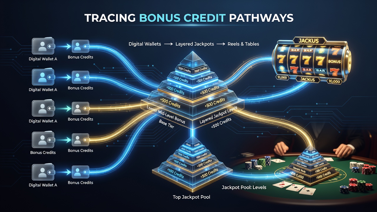 Diagram showing digital wallet credits flowing into bonus pools and layered jackpot structures across slot reels and dealer tables
