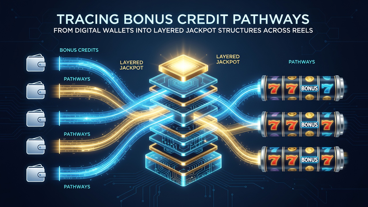 Flowchart illustrating bonus credit movement from wallets through slot reels into live dealer jackpot layers