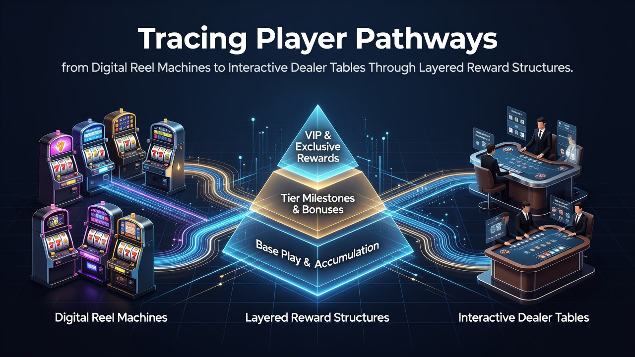 Casino floor showing rows of digital slot machines transitioning toward live dealer gaming tables with reward signage overhead