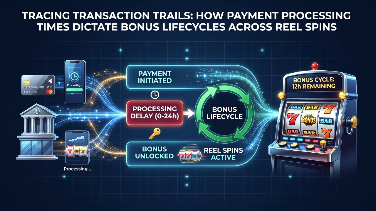 Illustration of transaction trails linking payment processing speeds to bonus usage on slot reels and card tables